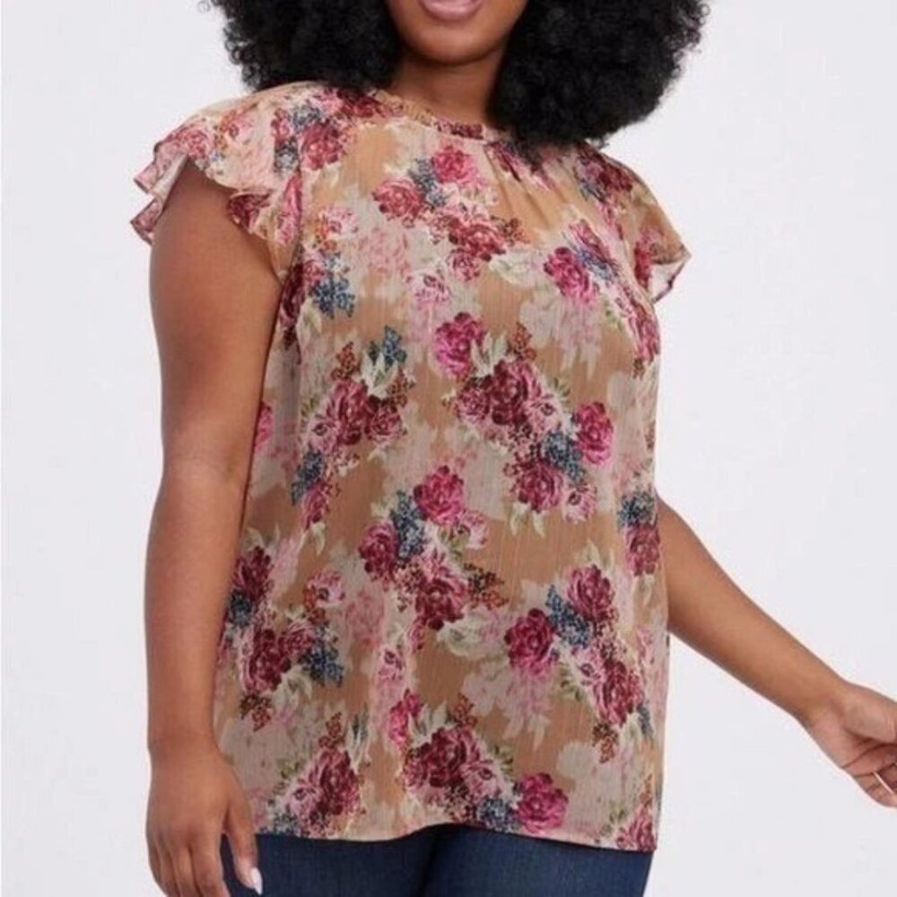 Torrid Floral Brown Semi Sheer Crinkle Chiffon Flutter Blouse‎ Sz 0 (L) NWT